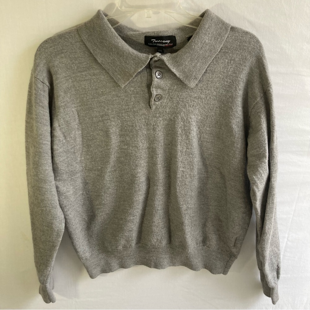Tuscany Mens Extra Fine Italian Merino Wool Sweater Polo Long Sleeve Gray XXL